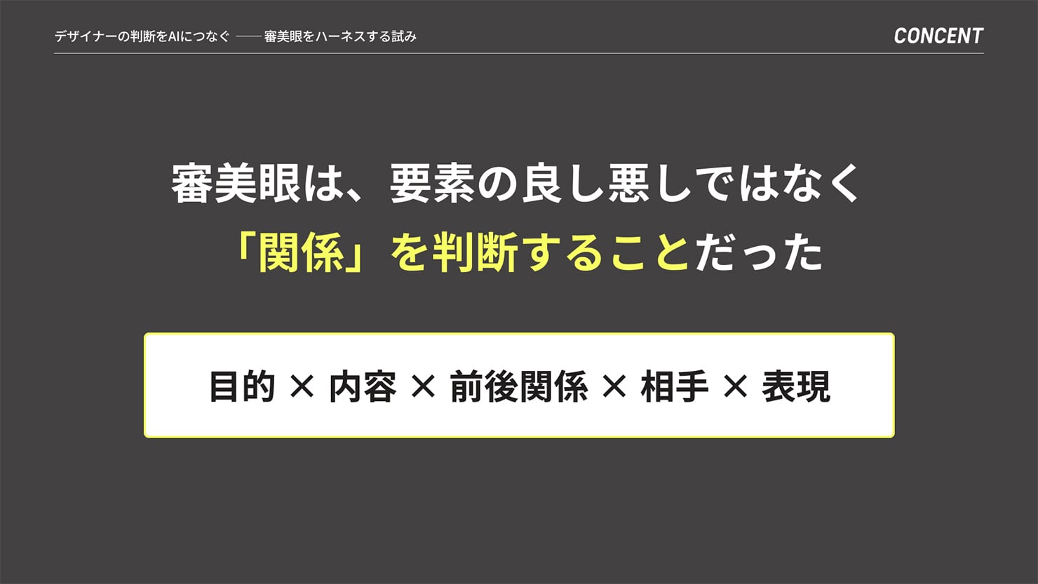 斎藤の発表資料。ページ見出しは「審美眼は、要素の良し悪しではなく『関係』を判断することだった」。その下に以下の記載がある。目的×内容×前後関係×相手×表現